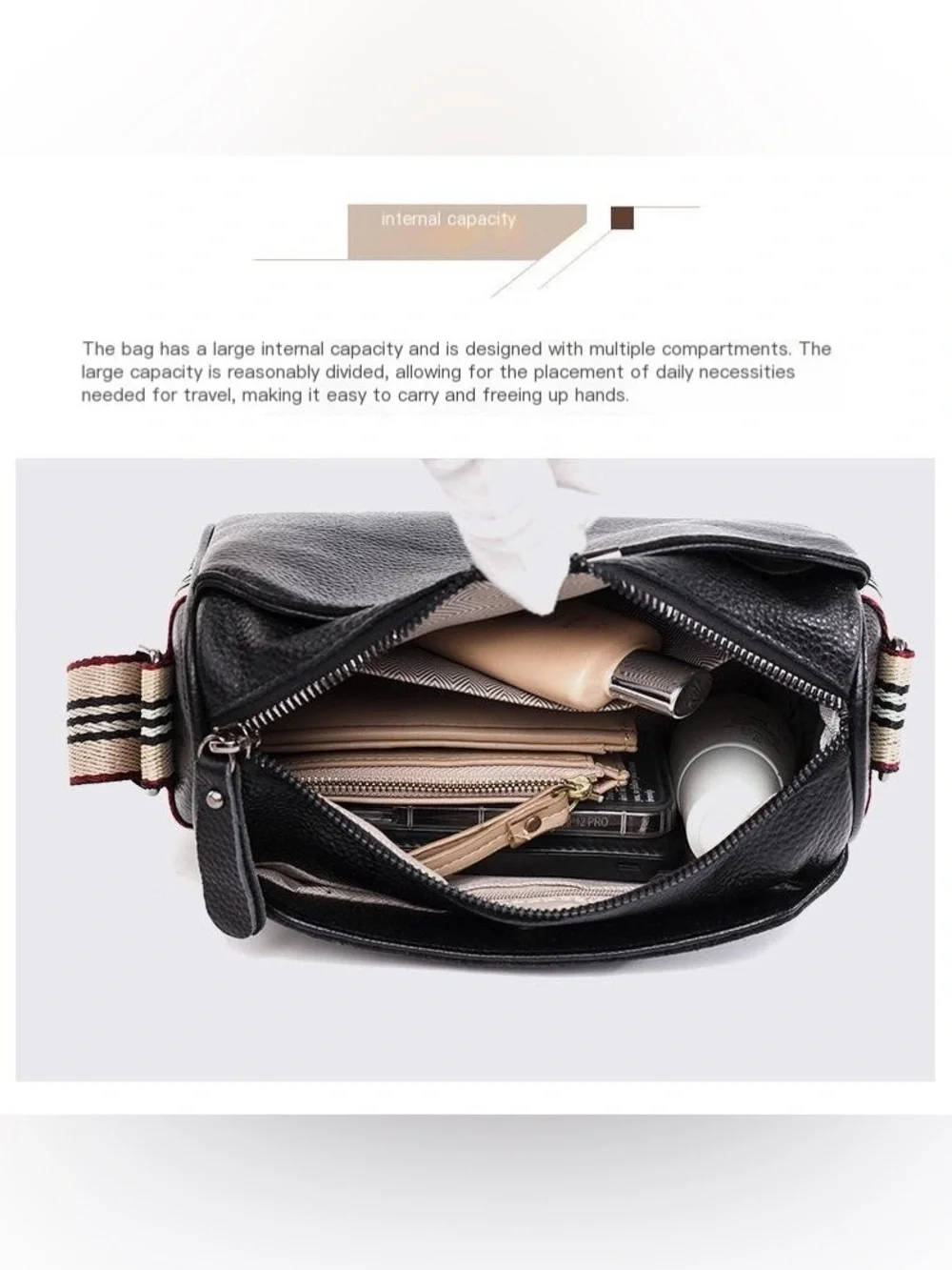 Off White Genuine Leather Crossbody Bag with Striped Strap